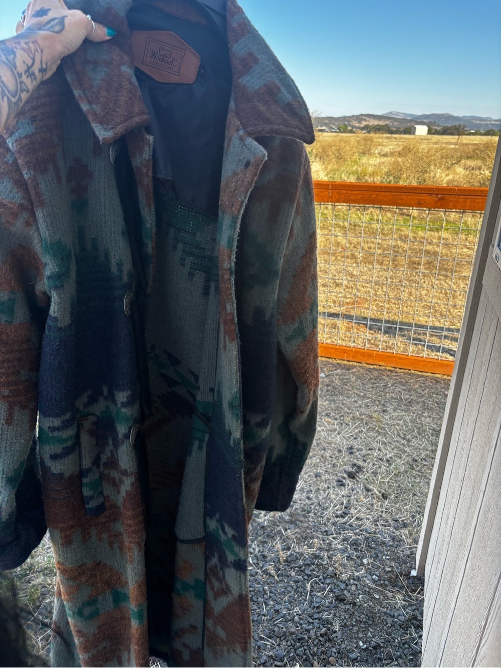 Southwest vintage wool Long coat in Teal & Brown - Picture 6 of 7
